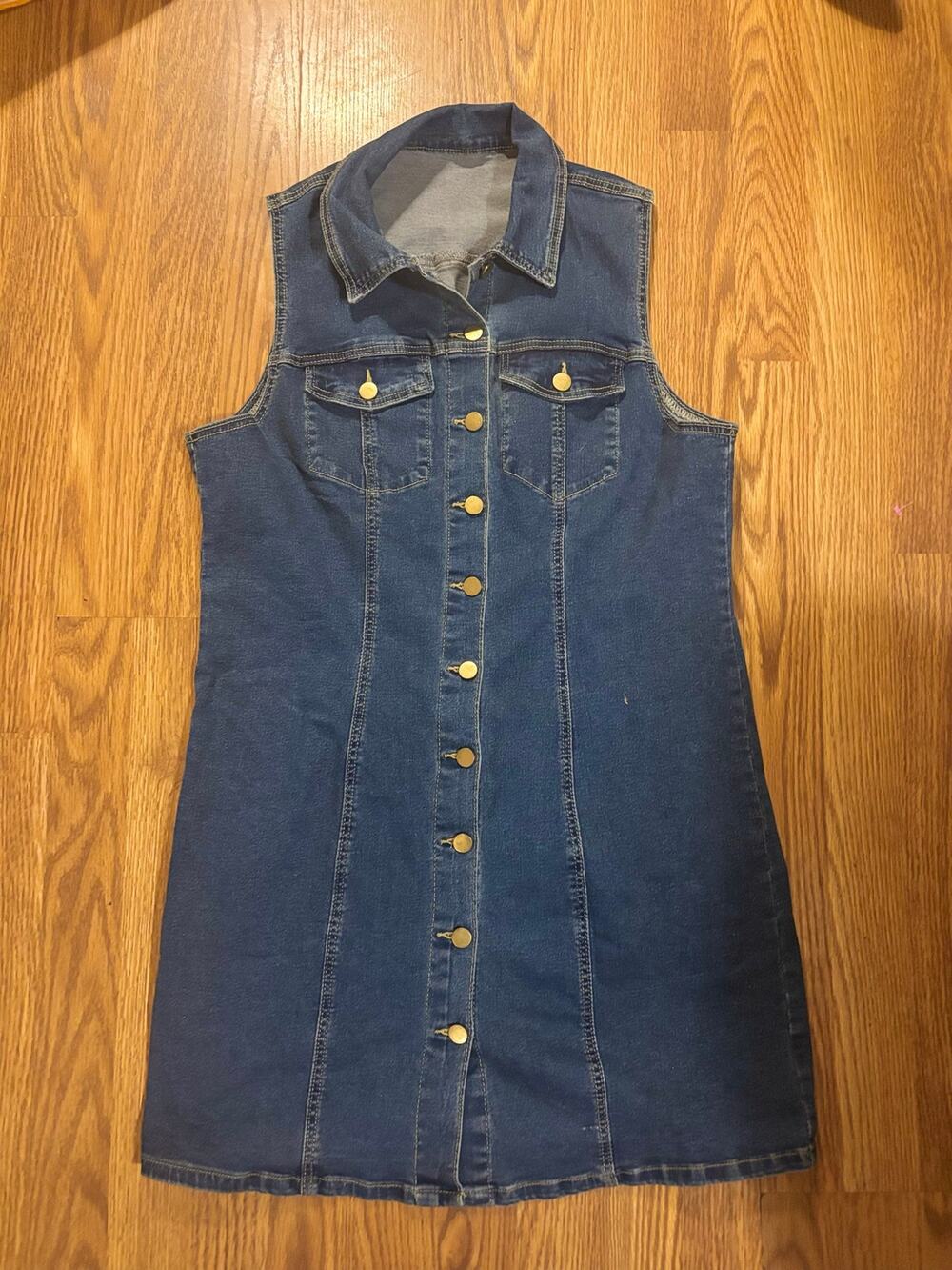 Blue Denim Collared Button- Down Fall Preppy Midi Dress